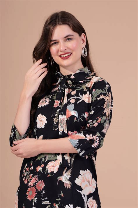 Zoya black flower printed cotton co-ord set with collar neck and belt ...