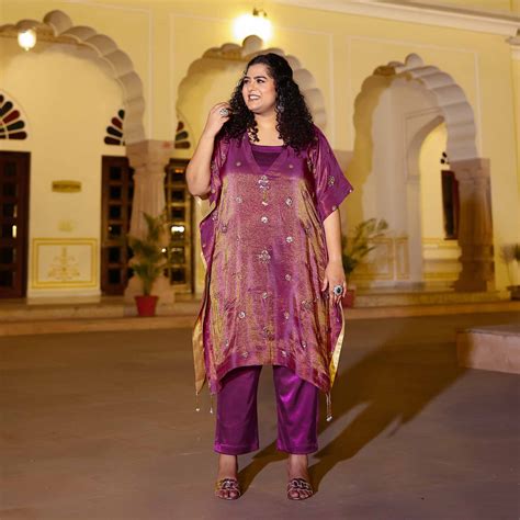 Buy Gold & Plum Pure Tissue Silk Cutdana Kaftan Set | Meera Plus Size
