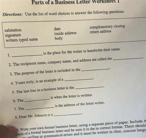 Solved: Parts of a Business Letter Worksheet 1 Directions: Use the list ...