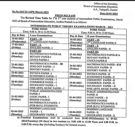 BIE AP Inter Public Exams 2023 Time Table Revised Schedule | APTEACHERS ...