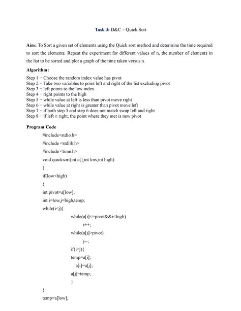 Task3 Quick sort - Task 3: D&C – Quick Sort Aim: To Sort a given set of ...
