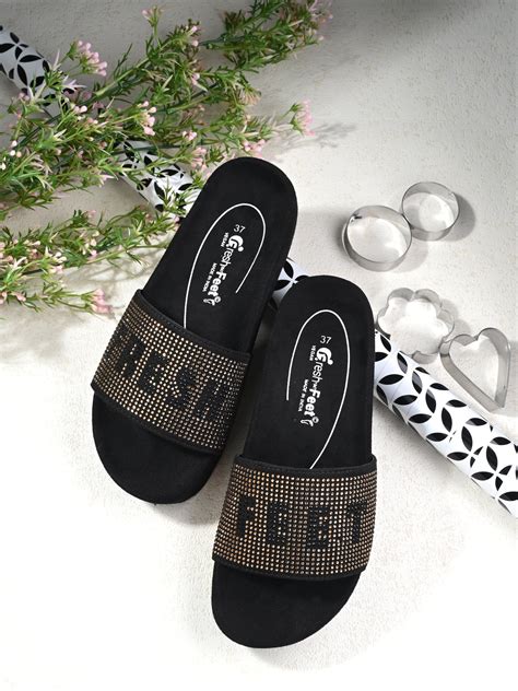 Kate Black/Gold Orthopedic Sliders For Women – Fresh Feet
