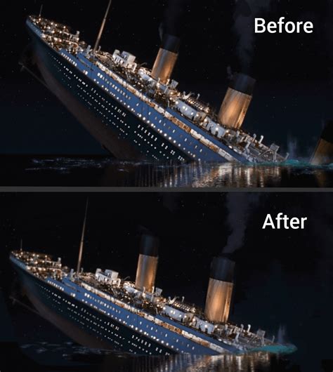 Titanic (1997) sinking, but stern angle and funnel size are accurate ...
