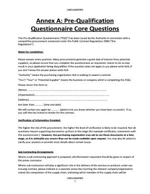 Fillable Online Annex A: Pre-Qualification Questionnaire Core Questions ...