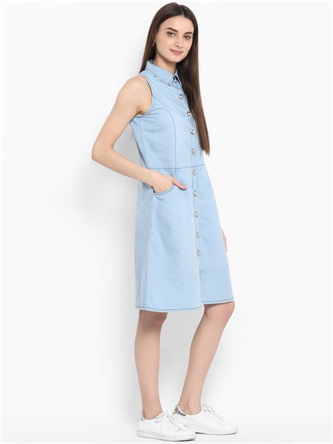Women's Denim Sleeveless Dress with Silver Buttons – Stylestone