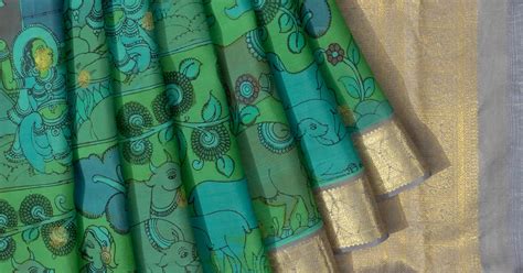 Kanchipuram Silk Kalamkari Hand Painted Butta Green Saree