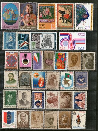 India 1973 Year Pack of 34 Stamps Cricket Painting Mahatma Gandhi Nehr ...