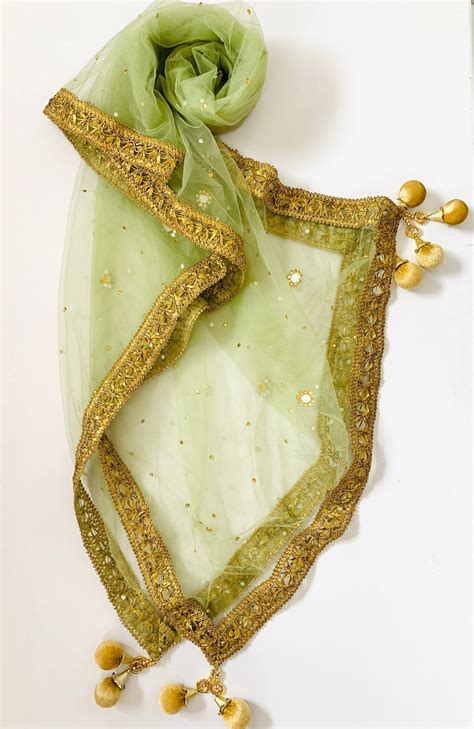 Pear Green Net Gold and Mirror Dupatta – anokherang