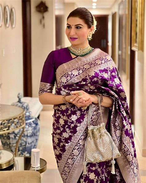 Wine Banarasi Silk Saree with Silver Jacquard Floral Weave & Matching ...