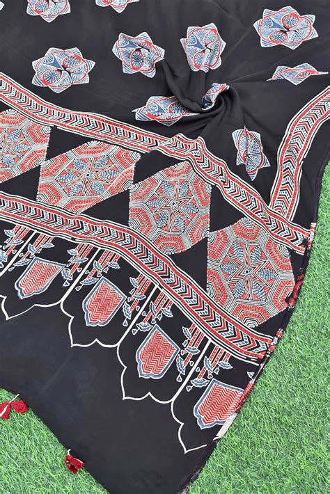 Elegant Modal Silk Ajrakh Block Print Dupatta with tassels – India1001.com