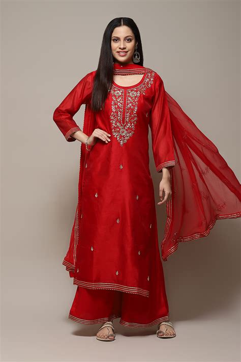 Red Chanderi Schiffly Unstitched Suit Set