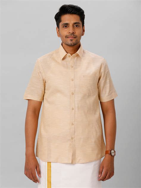 Mens Formal Small Checked Light Brown Half Sleeves Cotton Shirt T13 CL9