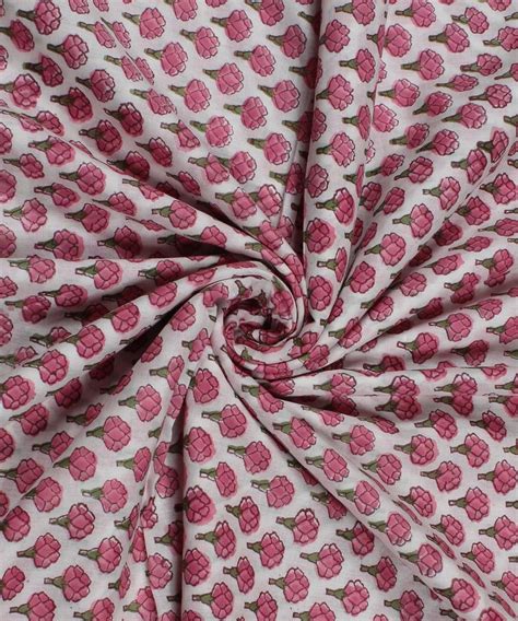 0.68m White block print red floral cotton fabric – GoSwadeshi