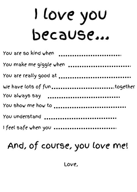 I Love You Because | Printable Gift | Worksheet for Kids or Adults | Fill in the Blanks ...