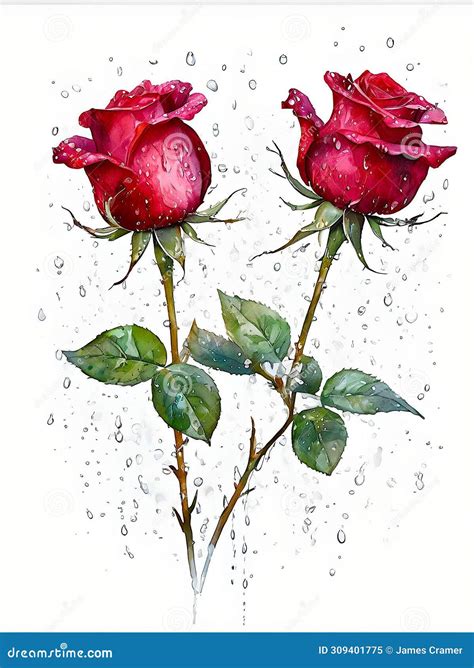 Illustration of Two Beautiful Roses with Raindrops. Watercolour Style ...