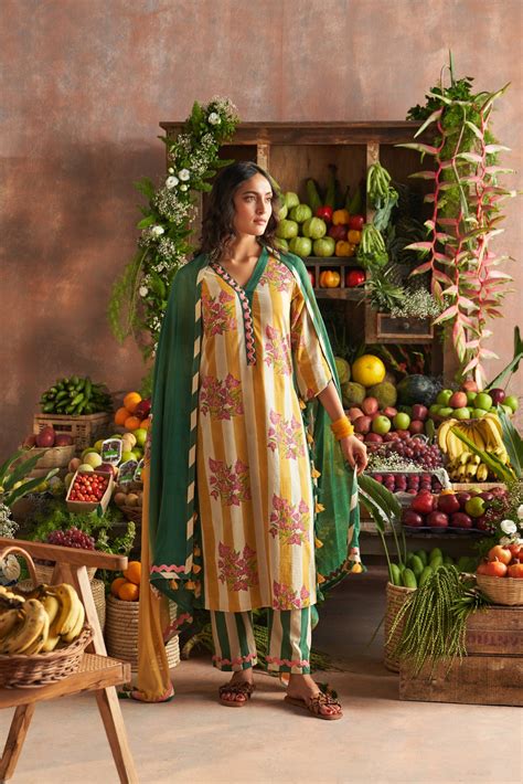 MALTI BEIGE AND MUSTARD STRIPED STRAIGHT LONG KURTA WITH PANT AND DUPA ...