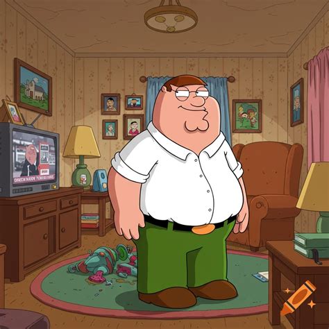 Peter Griffin from Family Guy stands smiling in a cartoon living room ...