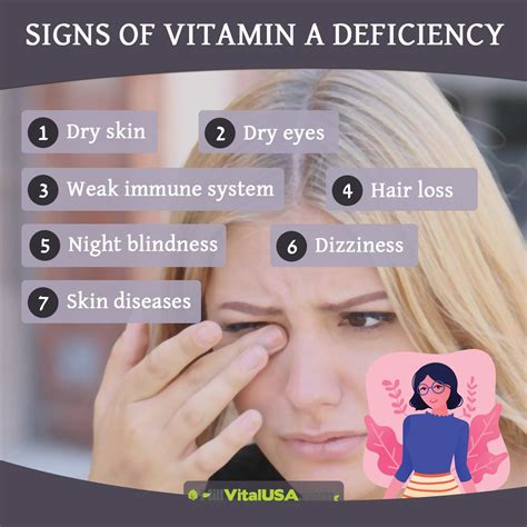 Signs of vitamin A deficiency include vision issues, fatigue.