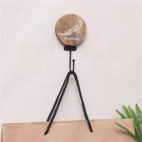 Brown Wooden Peacock Pattern Wall Mounted Hooks