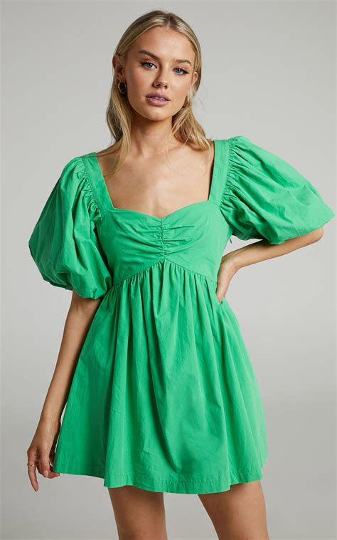 Vashti Mini Dress - Puff Sleeve Sweetheart Dress in Green | Mini dress ...
