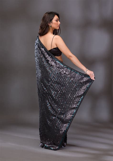 Buy Black Sequins Georgette Saree - Koskii