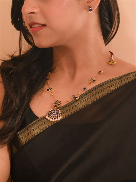 Premium Gold Finish Blue Single Layer Kemp Stones Necklace Set – Jumkey ...