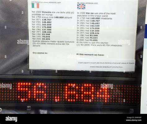 Venice, Italy. 07th Sep, 2014. A digital display of the population decline in historical Venice ...