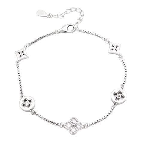 925 Sterling Silver Studded Flower, Square and Circle Bracelet For ...