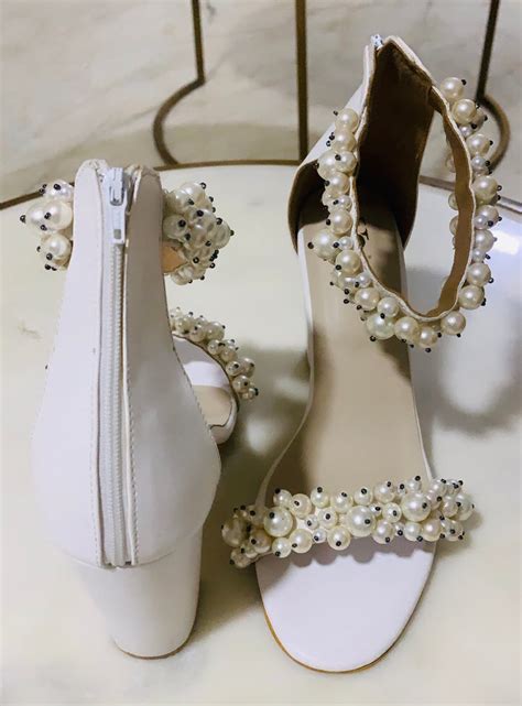 Pearl Embellished White Block Heels – Shoe That Fits You