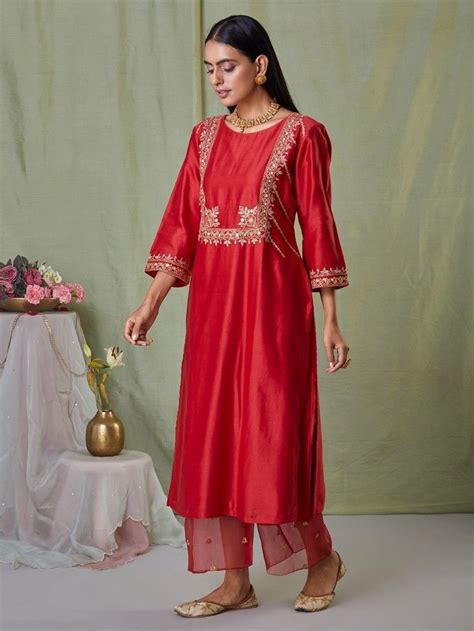 Buy Red Embroidered Chanderi Silk Kurta | MN/242/KU/PC12OCT | The loom