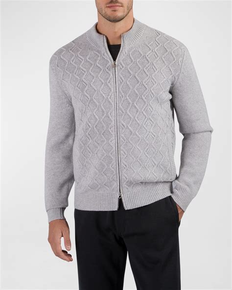 Stefano Ricci Men's Cotton-Silk Plaid Full-Zip Sweater | Neiman Marcus