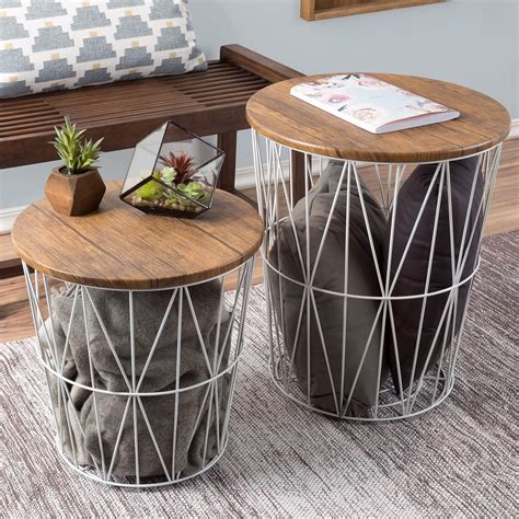 End Tables Set of 2 - Nesting Tables with Removable Wood Tops and Metal ...