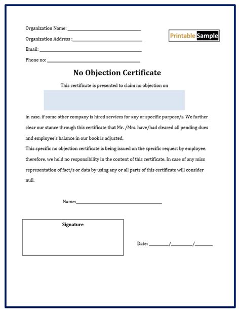 No Objection Certificate Templates - Printable Samples