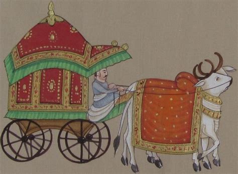 "Royal Bull Cart": Red Miniature Traditional_Art by Unknown | ArtZolo.com
