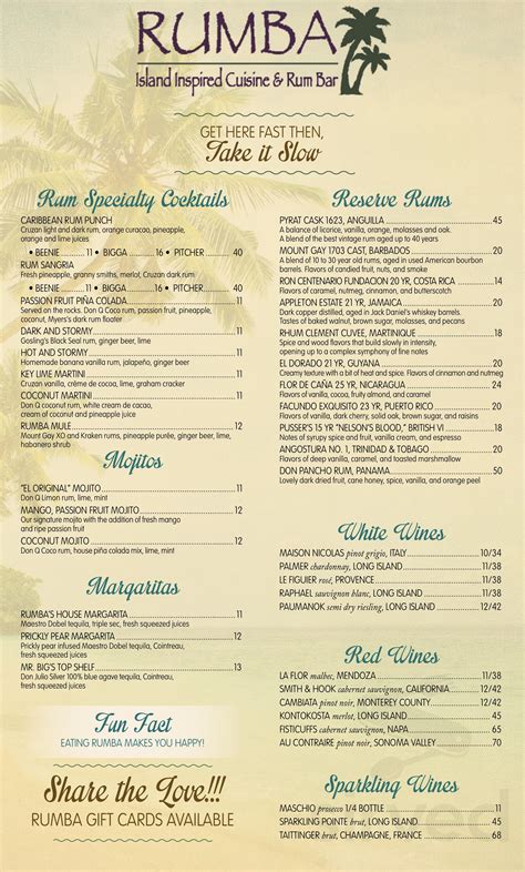 RUMBA Inspired Island Cuisine & Rum Bar menu in Hampton Bays, New York, USA