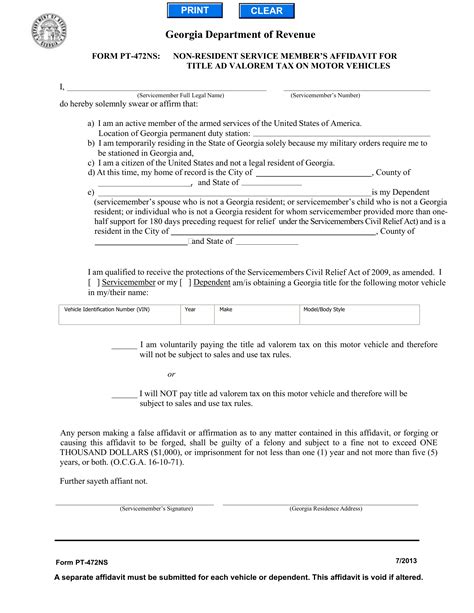 GA DMV Form PT-472NS Non-Resident Service Members Affidavit for Title ...