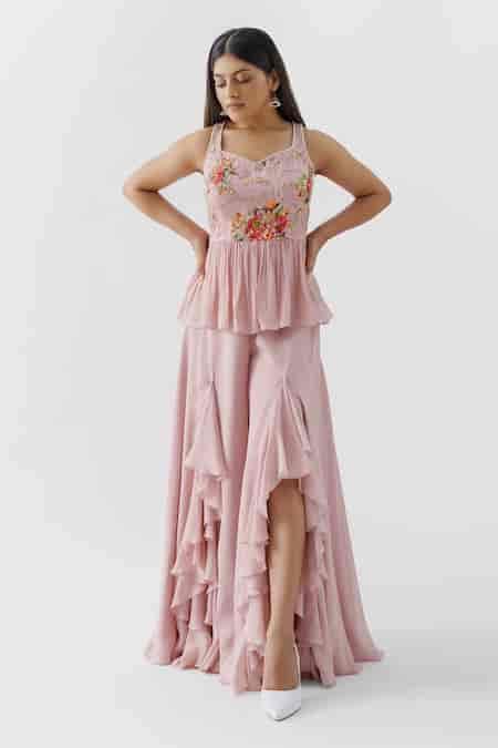 Buy Pink Crepe, Georgette Crepe, Lining Shantoon Ruffle Slit Pant And ...
