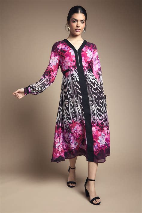 Dresses | Zip Front Animal Floral Border Chiffon Midi Dress | Wallis