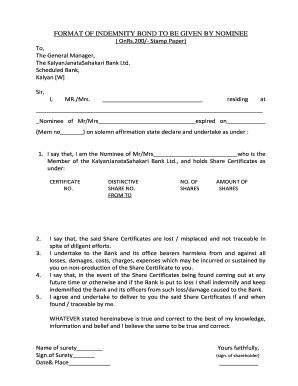 Fillable Online FORMAT OF INDEMNITY BOND TO BE GIVEN BY NOMINEE Fax ...