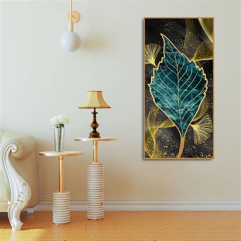 Golden Waves Shapes Turquoise and Green Leaf Feather Canvas Wall Paint ...