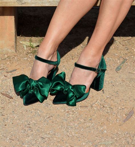 Emerald Green Velvet Block Heels, Satin Bow Heels, Forest Green Pumps ...