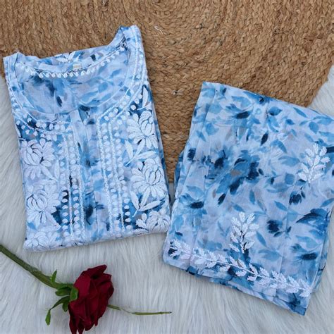 Aaliyah Mulmul Cotton Chikankari Kurti Set -Blue Colour – Chikankaar