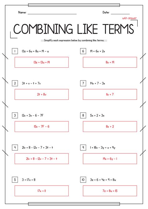 Combining Like Terms Worksheet Pdf With Answers