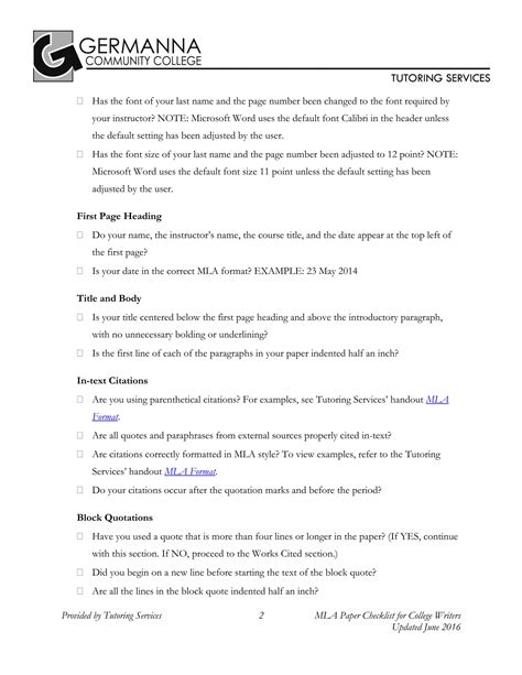 MLA Format Checklist 的图像结果