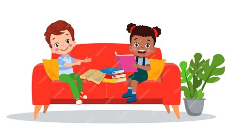Premium Vector | Children sitting on sofa reading a book