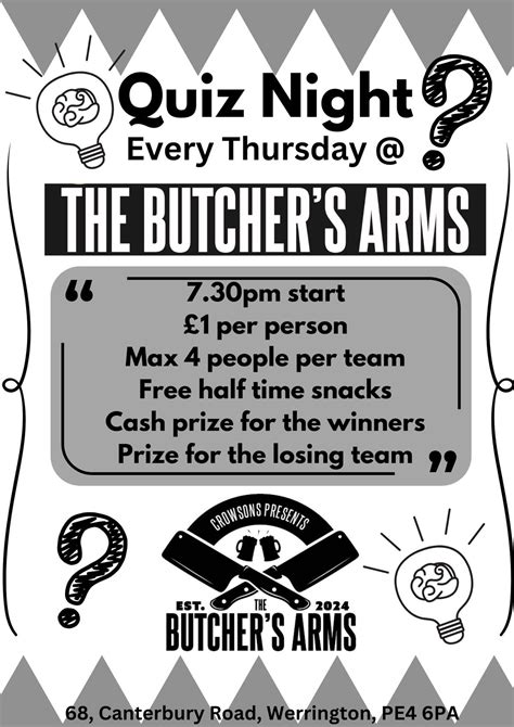 Weekly Thursday Quiz at The Butchers Arms, The Butchers Arms ...