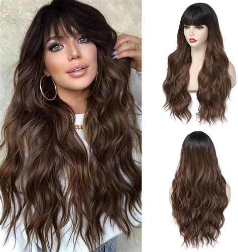 Amazon.com : Angzon Long Ombre Brown Wavy Wig With Bangs for Women 26 ...