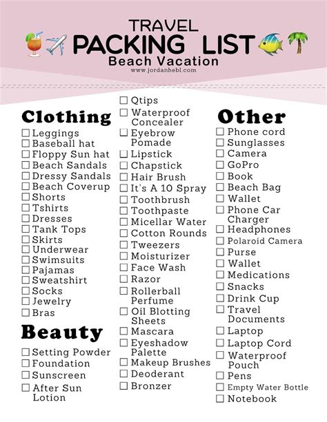 Beach Vacation Checklist Printable - Printable Board Games