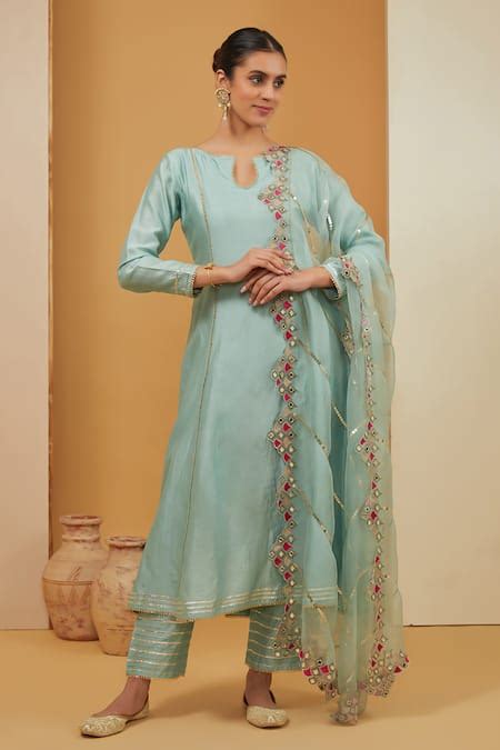 Buy Blue Chanderi Silk, Cotton, Organza Embroidery, Gota Patti Work ...