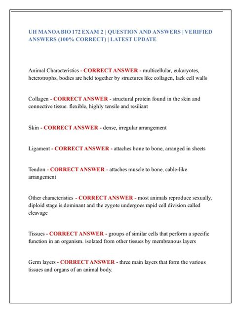 UH MANOA BIO 172 EXAM 2 | QUESTION AND ANSWERS | VERIFIED ANSWERS (100% ...